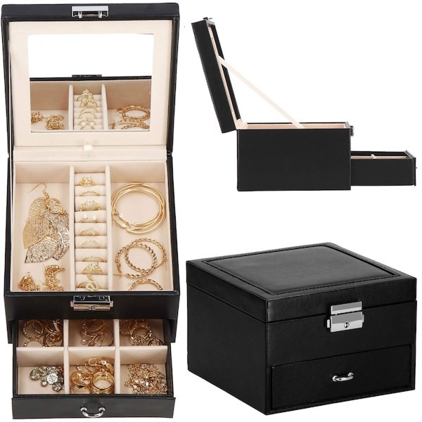 Szkatułka na biżuterię ekoskóra 16x16x11 cm kuferek czarny z szufladą i lusterkiem