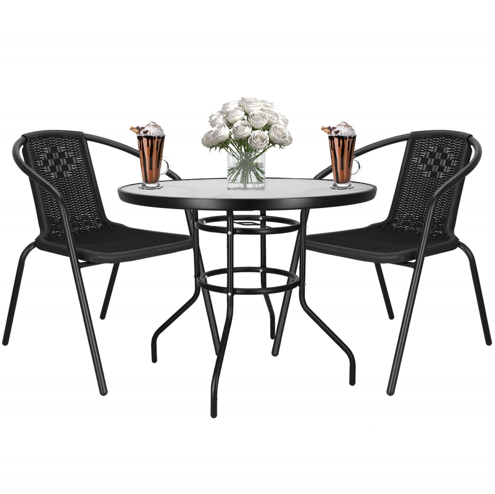 Meble na balkon: stolik kawowy, 2 krzesła metalowe do ogrodu czarne