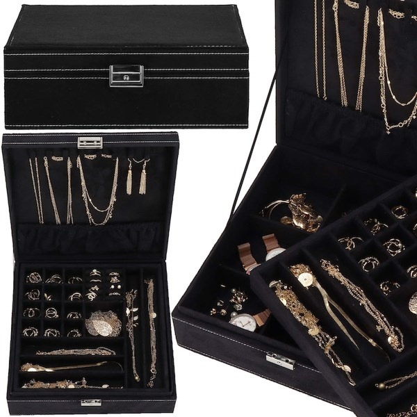 Szkatułka na biżuterię 26x26x9 cm czarny, welurowy organizer z przegródkami