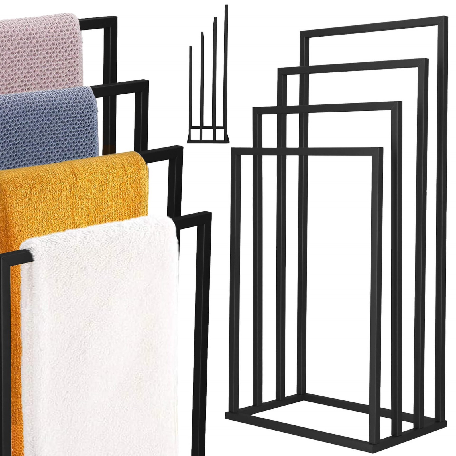 Wieszak łazienkowy na ręczniki, 96 cm metalowy stojak wolnostojący 4-ramienny, czarny