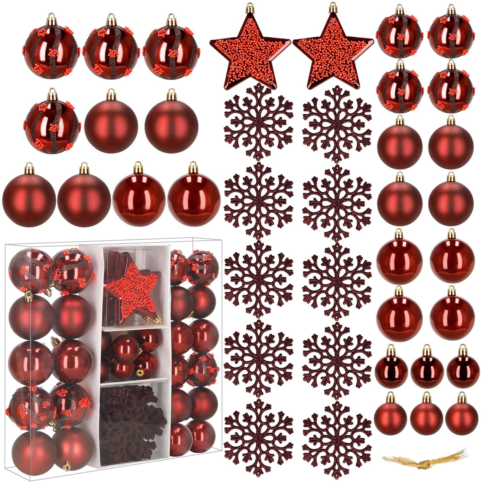 Bombki choinkowe 40 szt. zestaw ozdób świątecznych: bombki, gwiazdy i śnieżynki, bordowo-czerwone