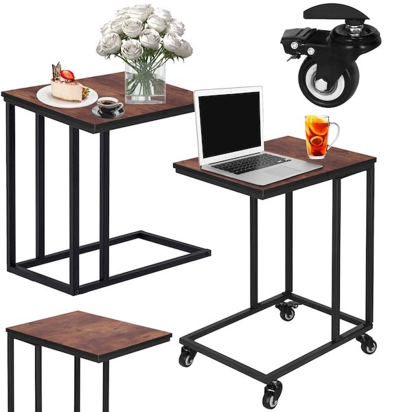 Stoliki kawowe, industrialne zestaw 2 szt. mobilny stolik z kółkami, stolik pomocniczny, boczny czarno-brązowe