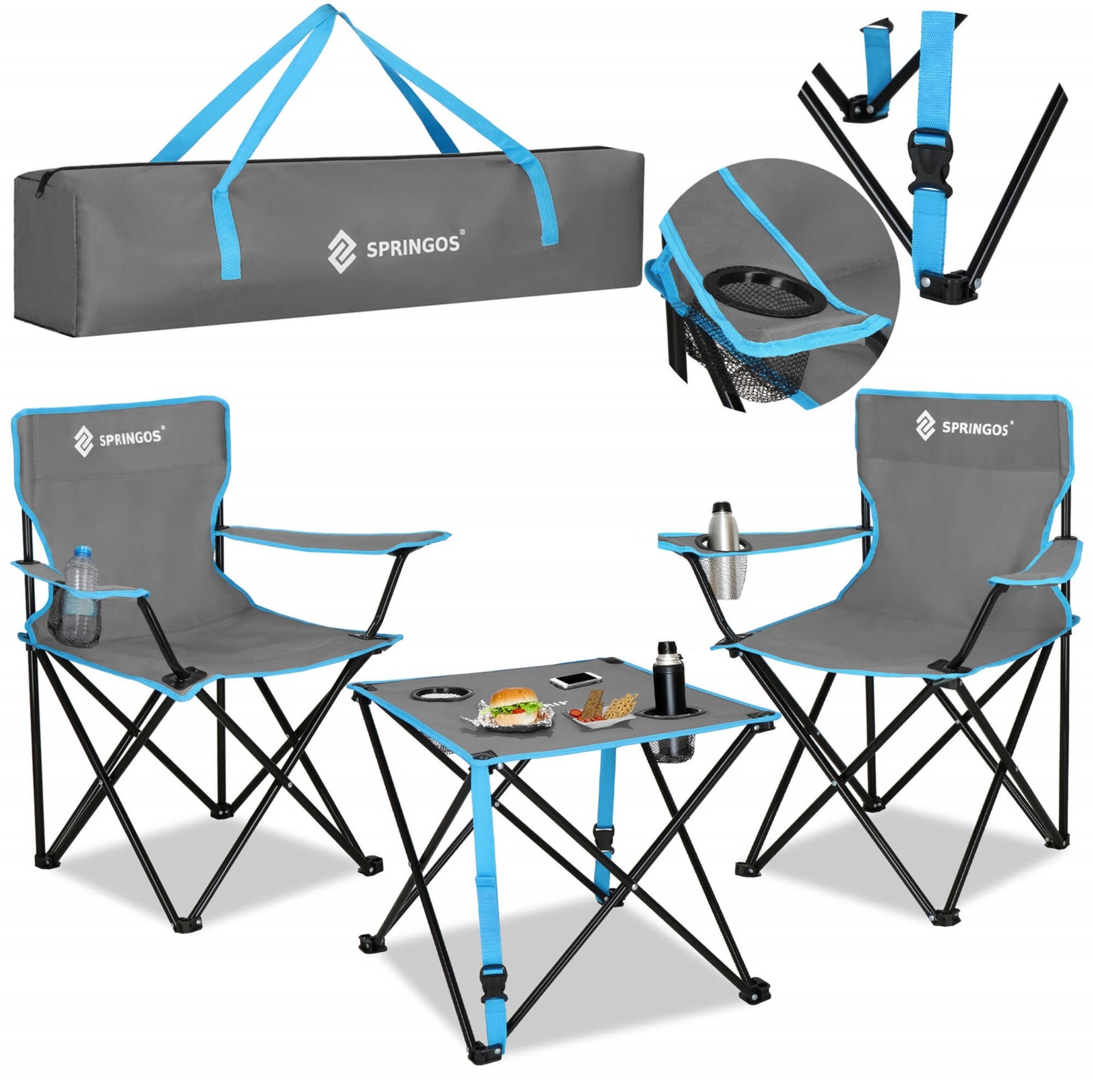 Zestaw turystyczny stolik i 2 krzesła z oparciem, składane meble kempingowe wędkarskie