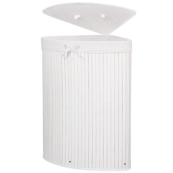 Kosz na pranie 80L narożny pojemnik z klapą bambus naturalny biały