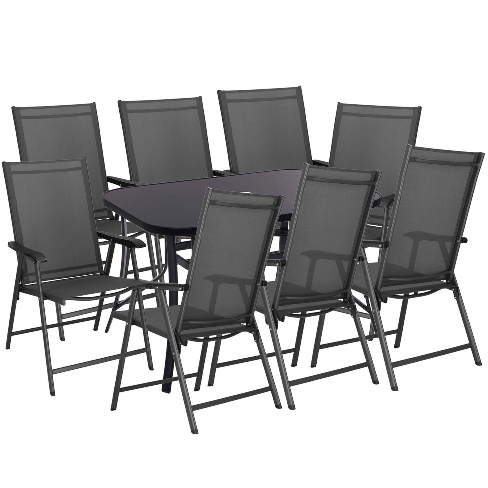 Zestaw mebli ogrodowych stół ze szkłem hartowanym, 8 krzeseł komplet na taras szaro-czarny