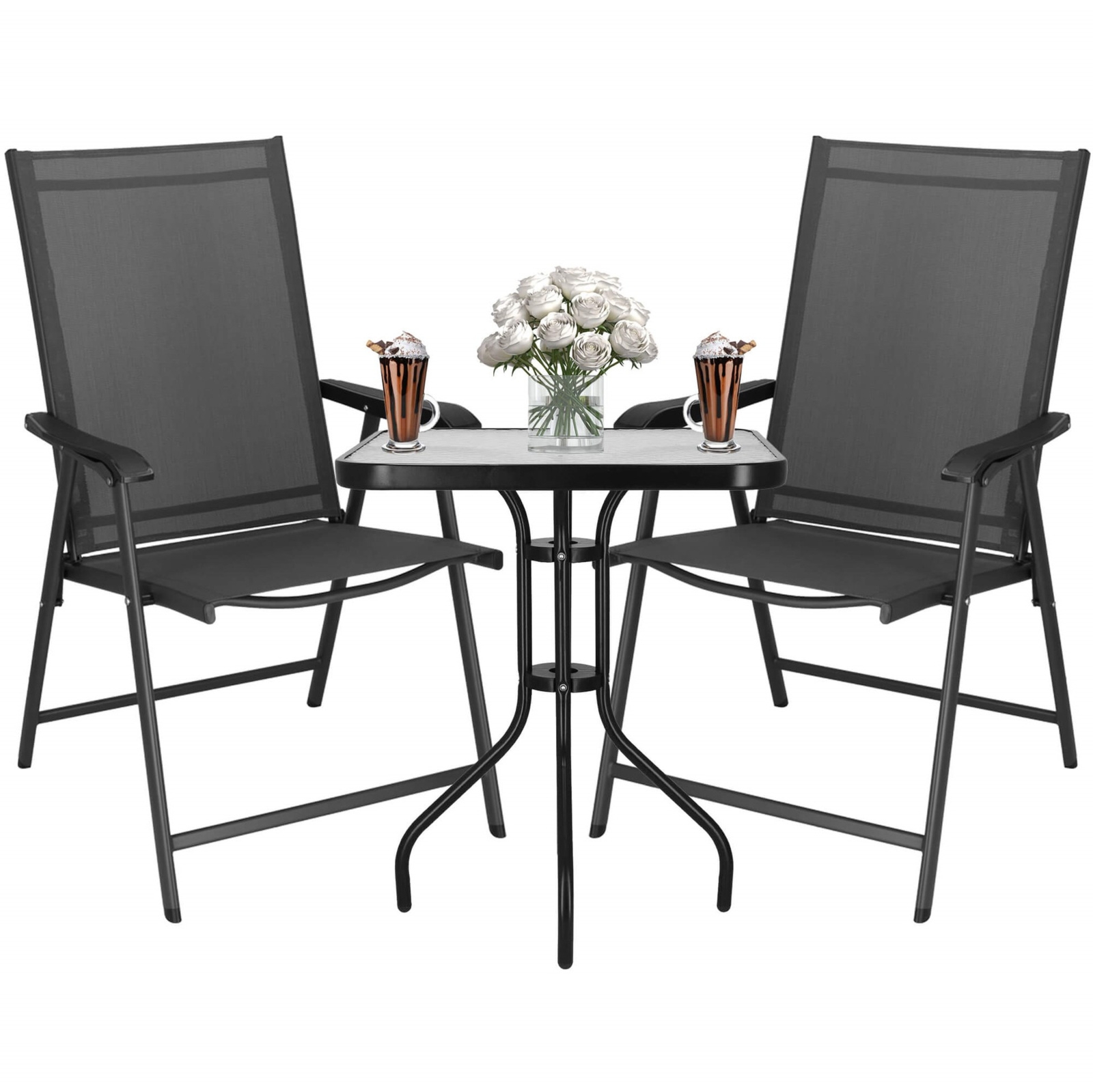 Zestaw mebli ogrodowych stół ze szkłem hartowanym, 2 krzesła komplet na taras szaro-czarny