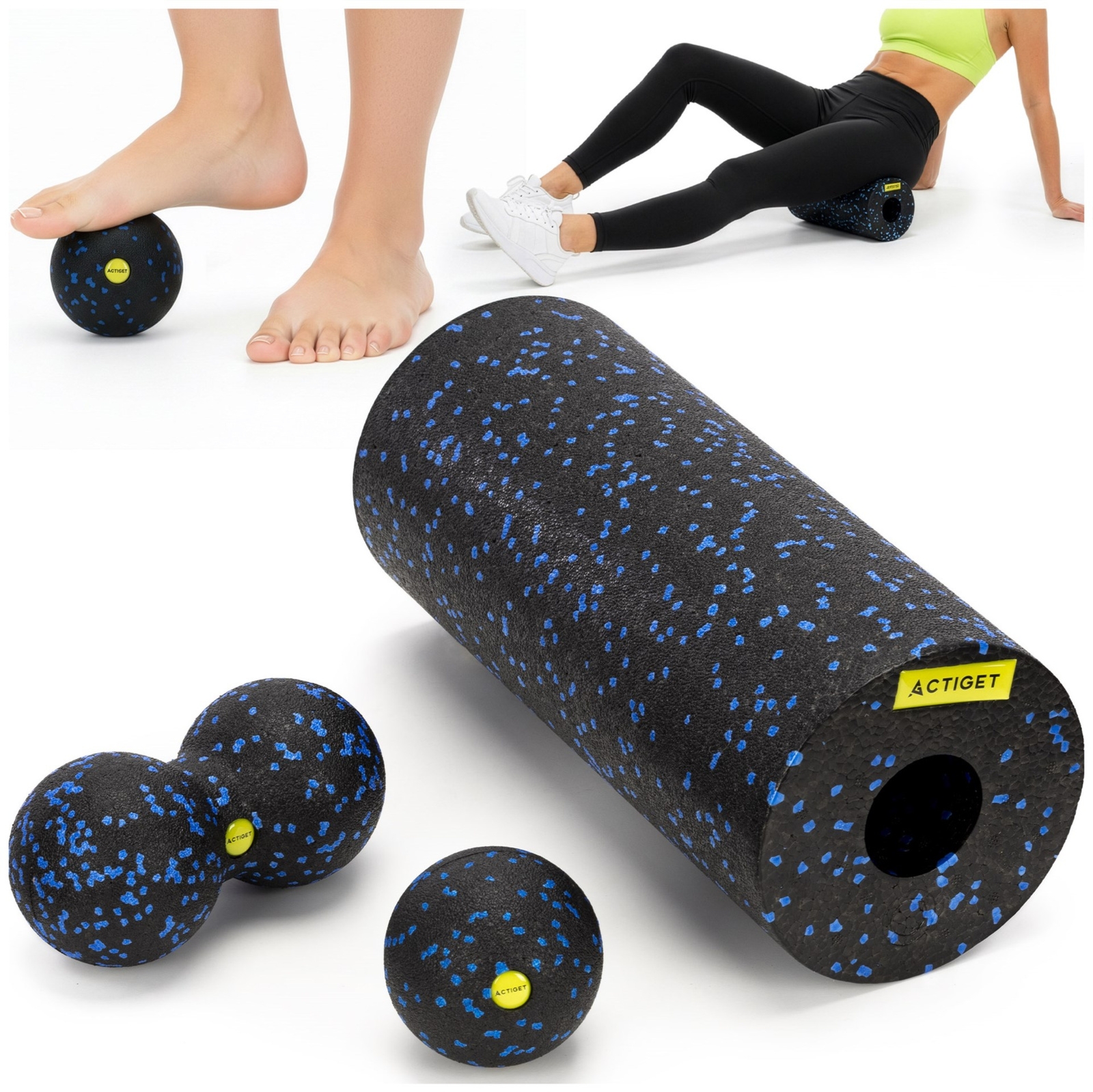 Roller, piłka podwójna, piłeczka punktowa zestaw do masażu ciała, masażer czarno-niebieski