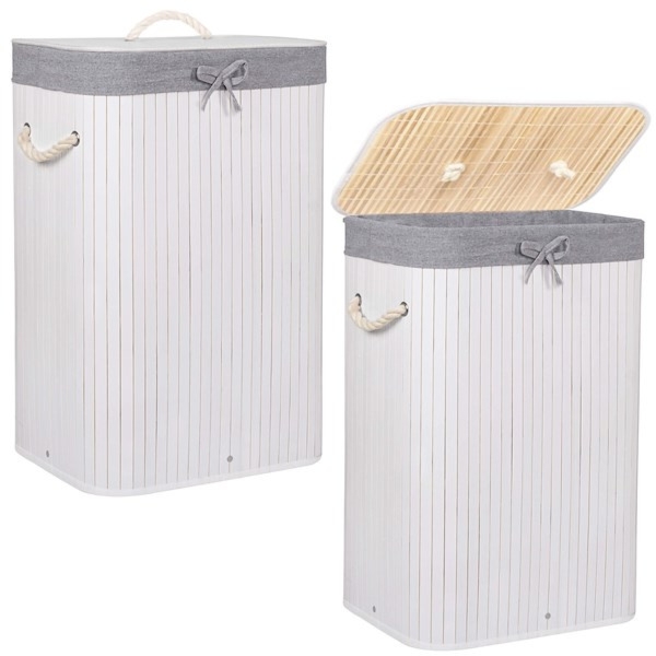 Bambusowy kosz na pranie 72 L z pokrywą biały, szary organizer