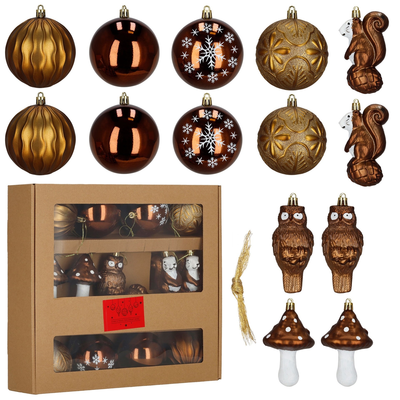Bombki choinkowe 14 szt. kształtki i kule ozdoby świąteczne zawieszki nietłukące brązowe