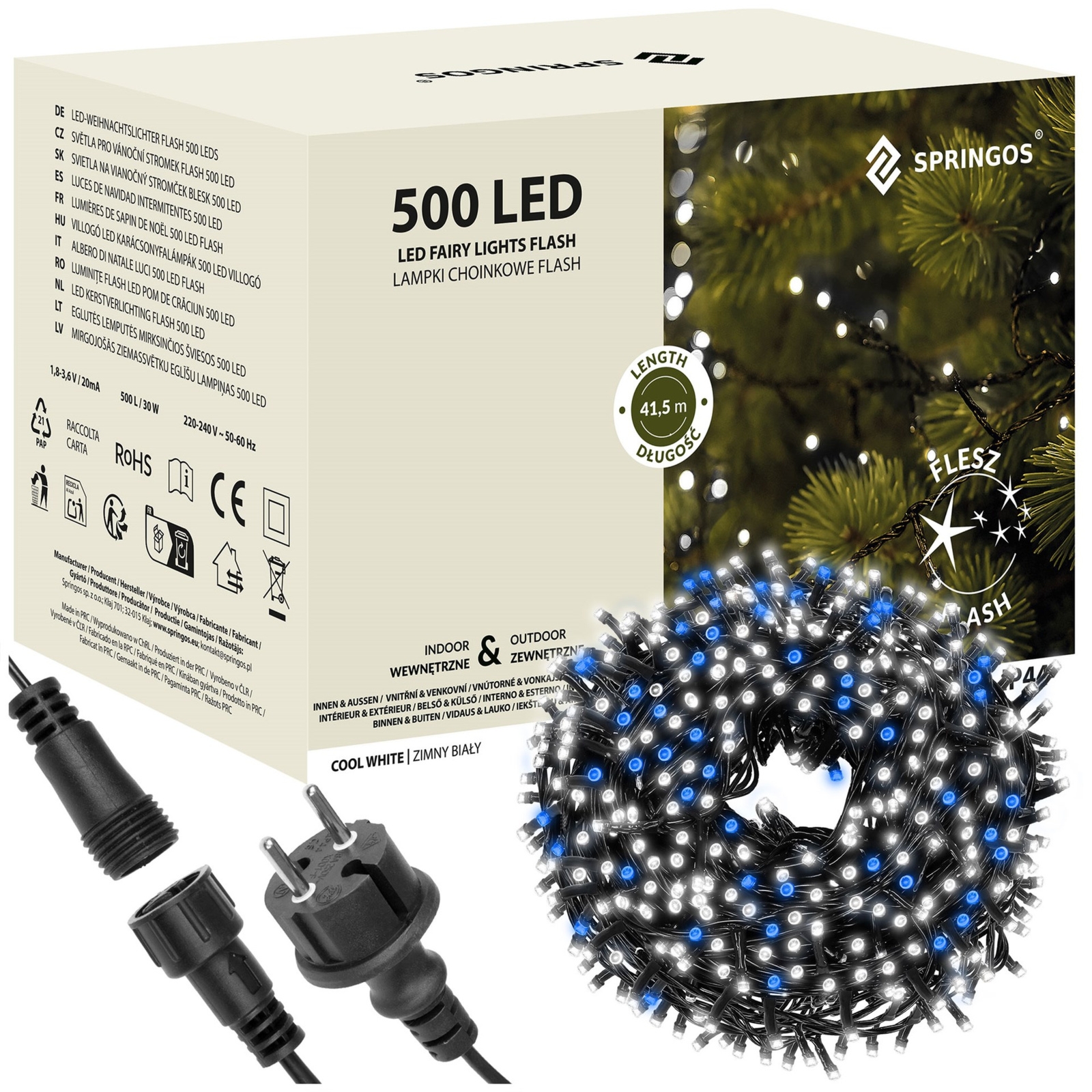 Lampki choinkowe 41,5 m zimny biały+ niebieski flash 500 led oświetlenie świąteczne IP44