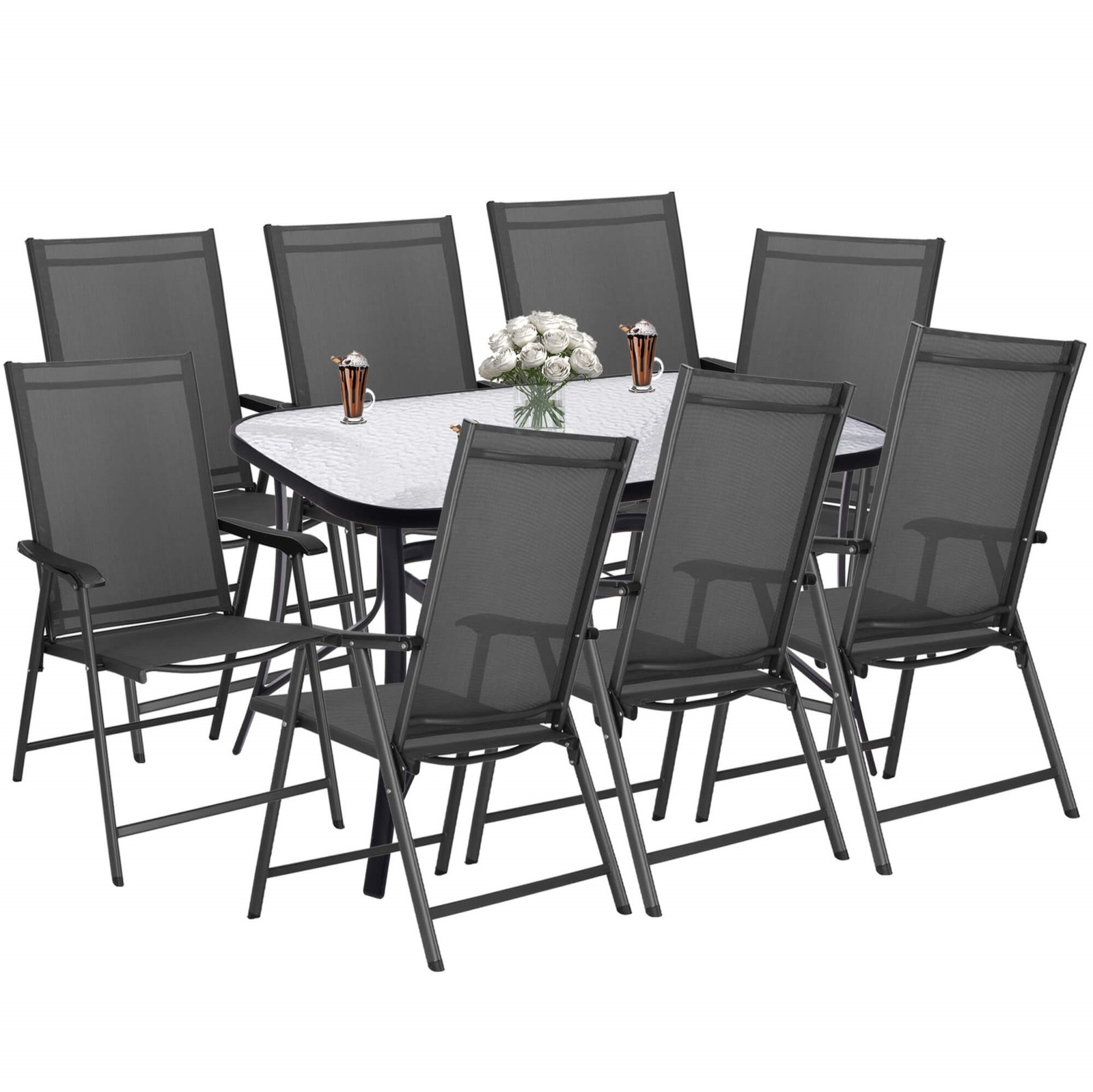 Meble ogrodowe, komplet na balkon dla 8 osób: metalowe 8 krzeseł i stół z szkła hartowanego czarno-szary