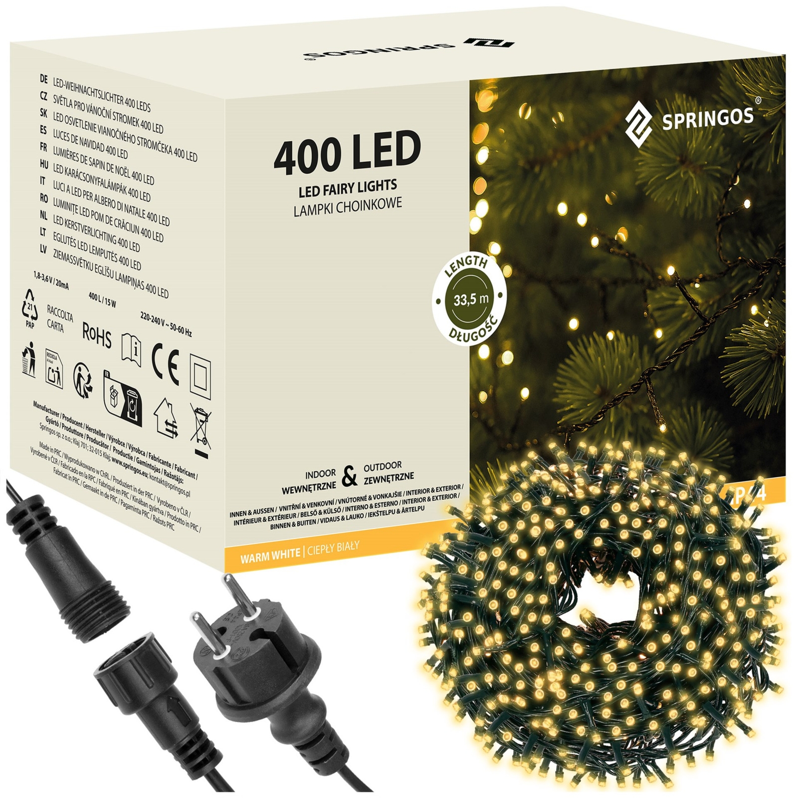 Lampki choinkowe 33,5 m biały ciepły 400 led oświetlenie świąteczne IP44