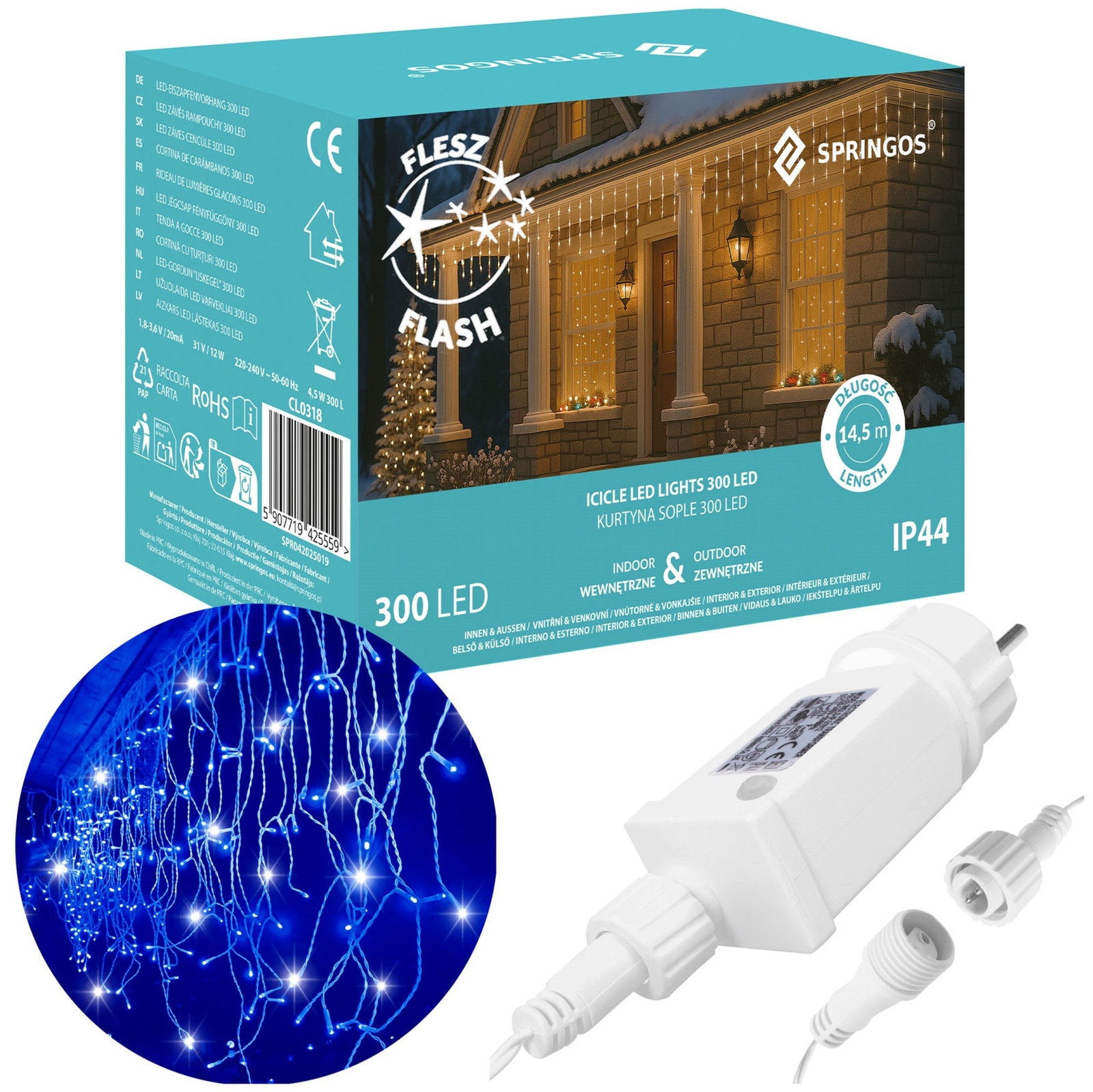 Kurtyna świetlna 300 led niebieski, flash biały zimny girlanda, 14,5 m lampki wewnętrzno-zewnętrzne sople