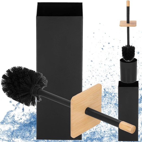 Szczotka WC z pojemnikiem metalowym bambusowa, toaletowa czarno-brązowa