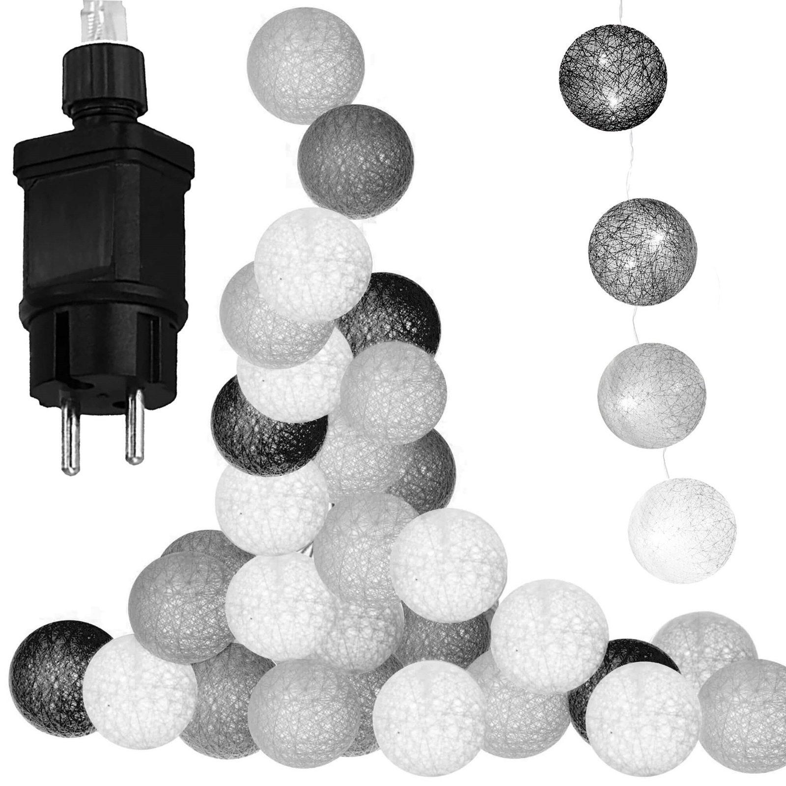 Cotton balls 20 led lampki dekoracyjne, girlanda na prąd 6cm czarno-szaro-białe