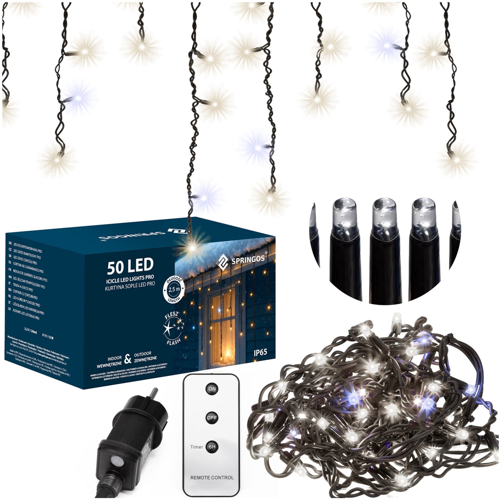 Kurtyna świetlna sople PRO 500 Led lampki zewnętrzne 25 m z pilotem zimny biały + zimny biały flash