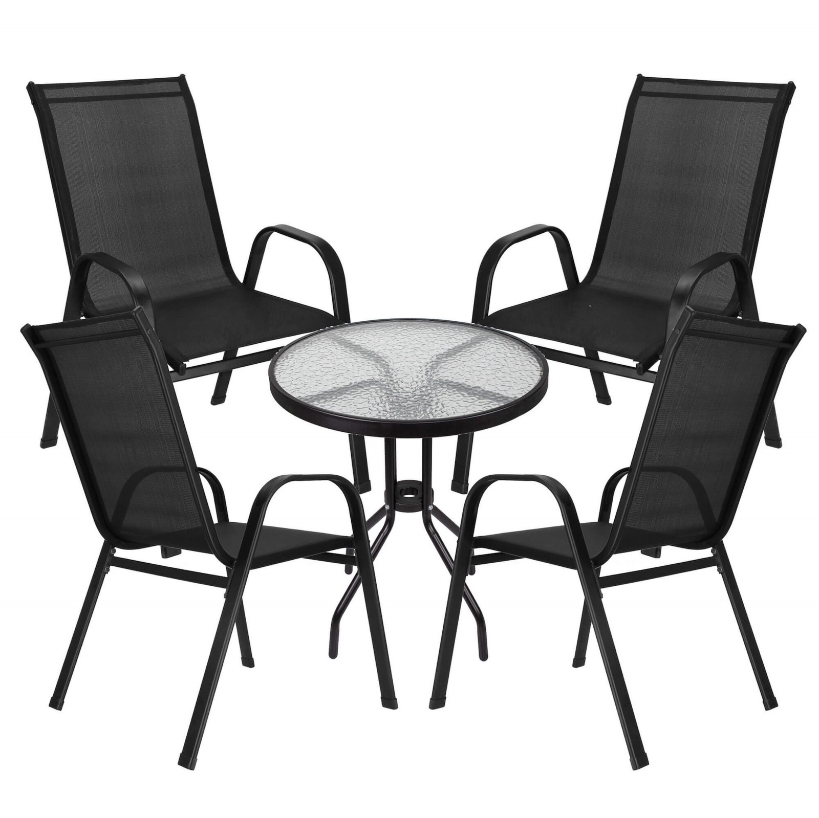 Zestaw mebli ogrowowych stół okrągły i 4 krzesła metalowe czarne komplet ogrodowy