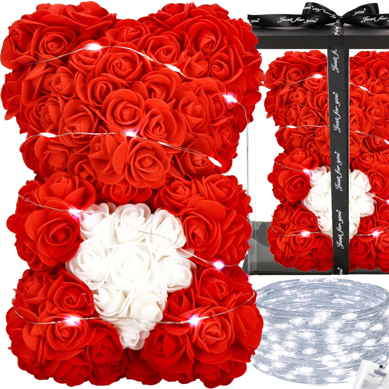 Miś z róż 22 cm czerwony z białym sercem i pudełkiem miś różany LED zimny biały