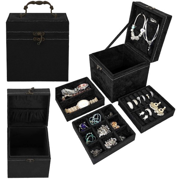 Szkatułka na biżuterię 12x12x12 cm czarny kuferek z przegródkami welurowy