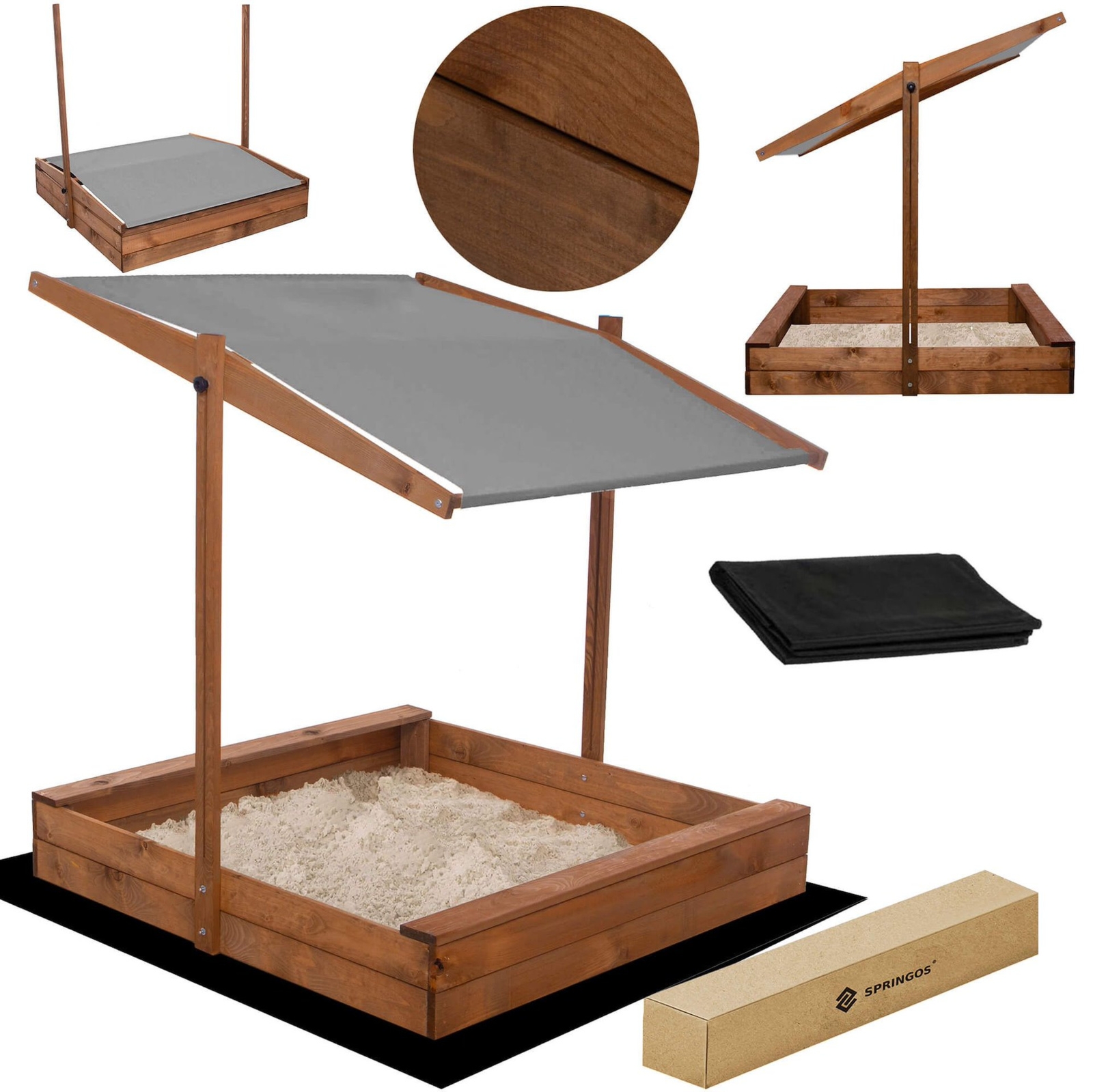 Piaskownica drewniana 120x120 cm z daszkiem, 2 ławkami, zamykana z drewna impregnowanego