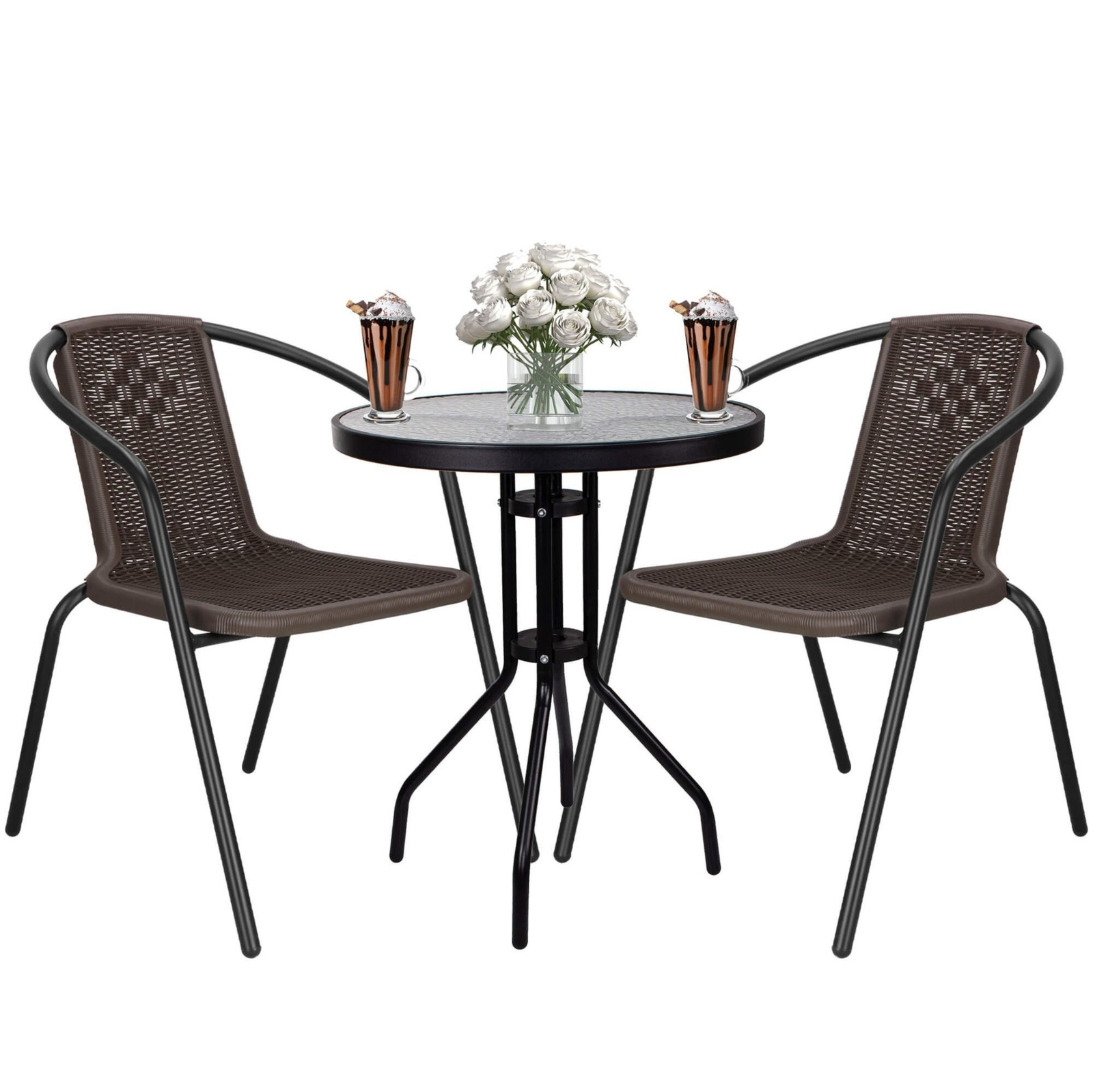 Zestaw mebli ogrodowych stół okrągły i 2 krzesła metalowe komplet ogrodowy czarno-brązowy
