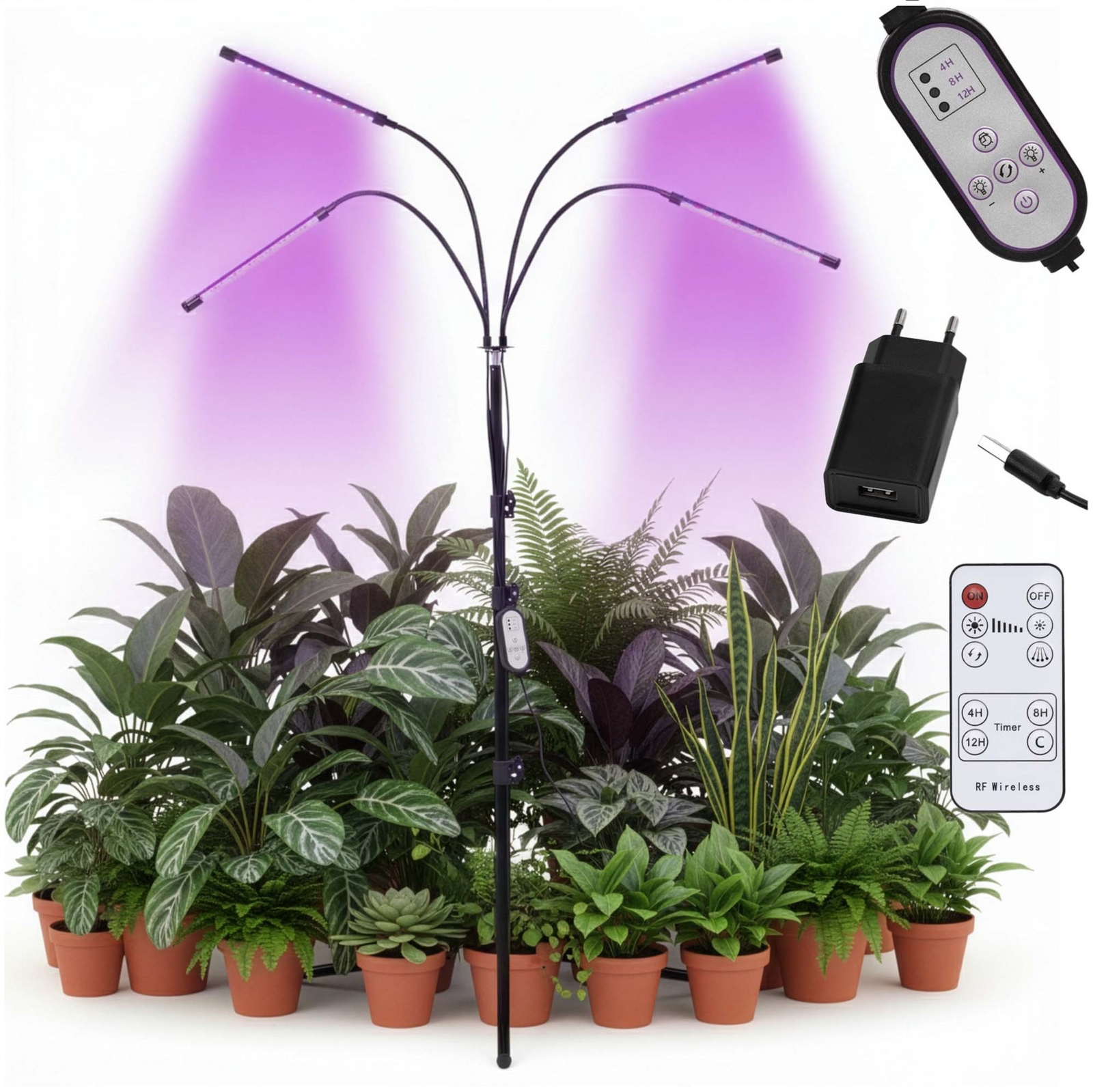 Lampa do wzrostu roślin z 4 panelami LED do doświetlania, uprawy z timerem, pilotem, usb