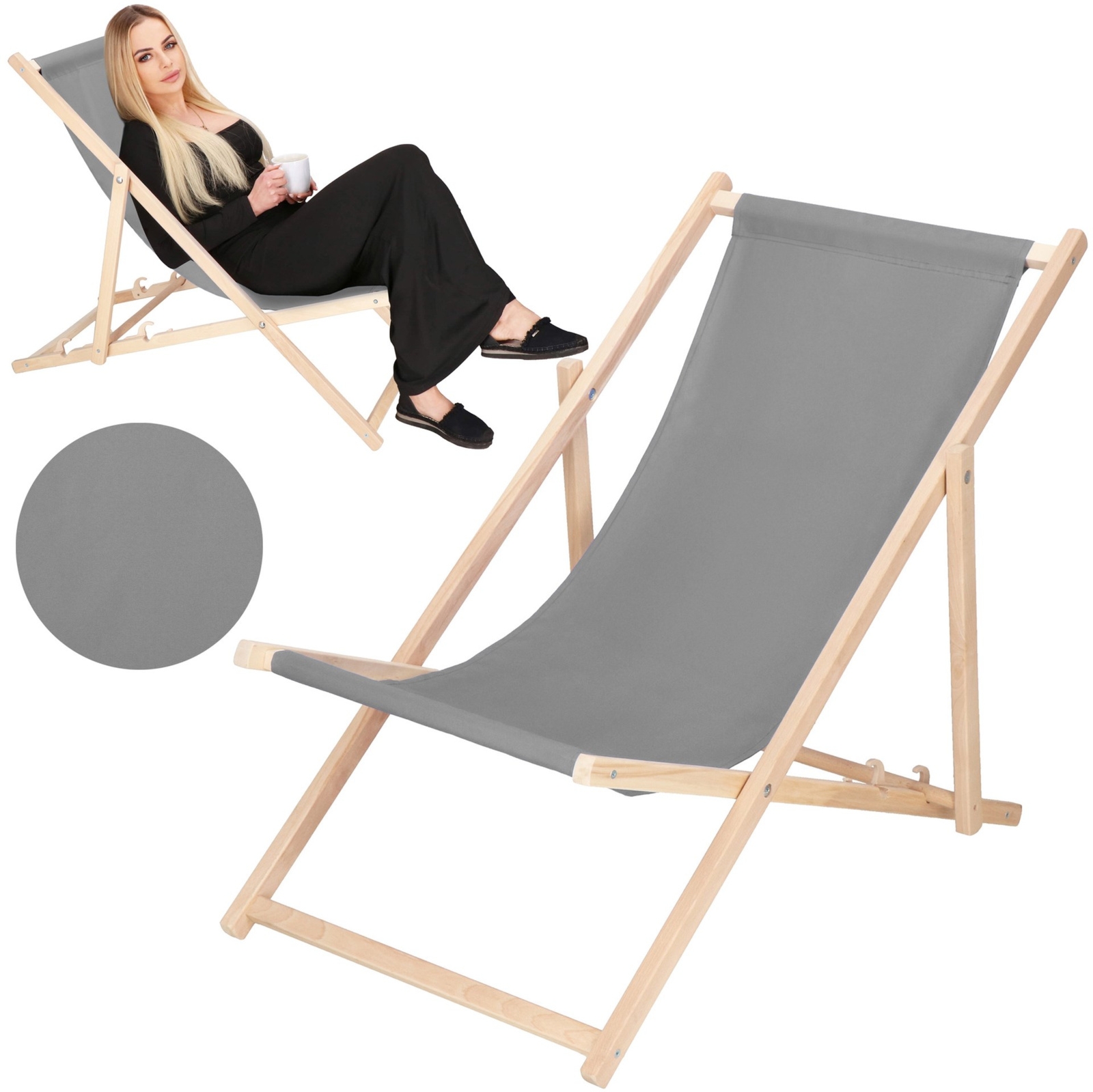 Leżak plażowy składany drewniany 3 stopnie regulacji, na taras, balkon, do 120 kg szary
