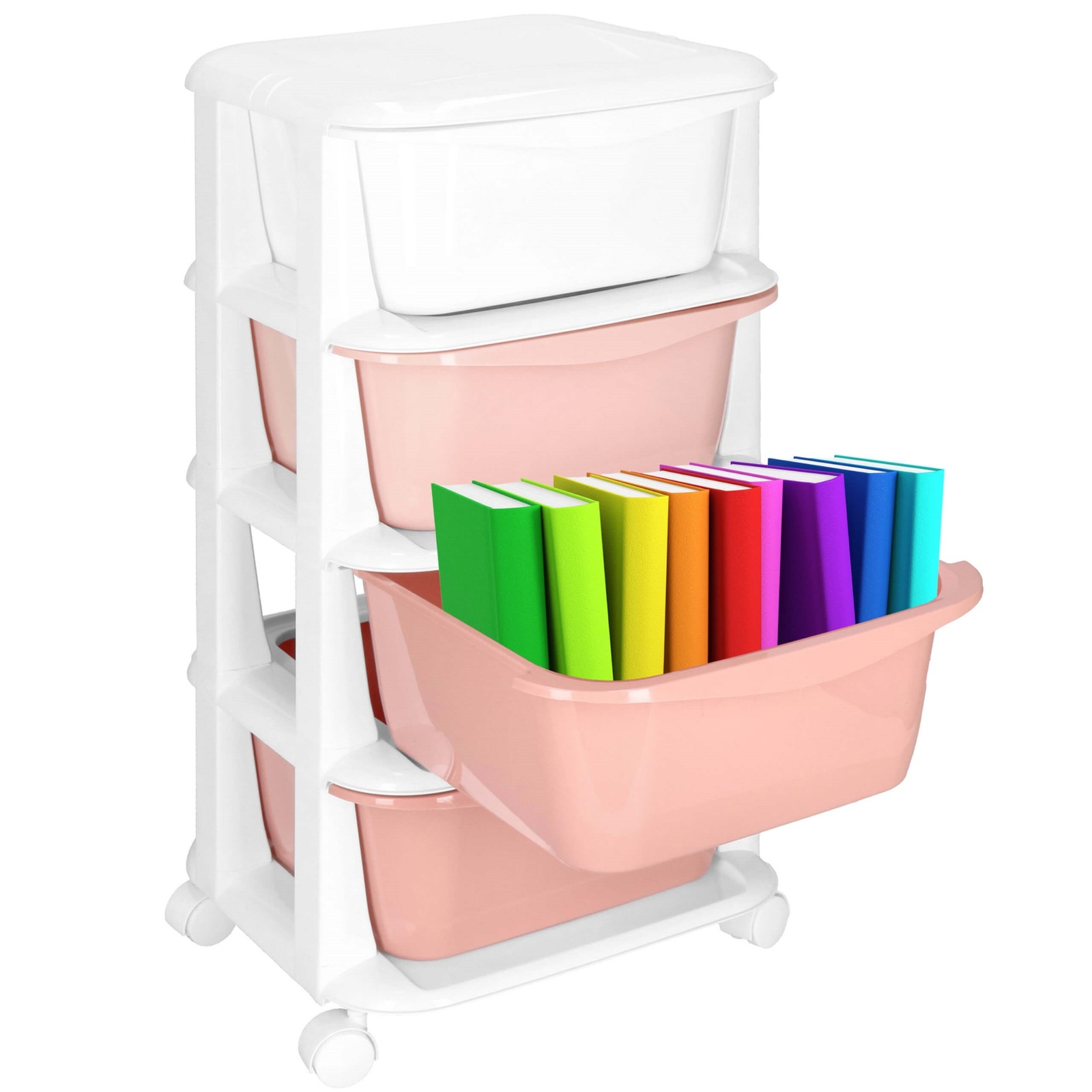 Mobilny organizer na zabawki z 4 pojemnikami, regał na kółkach pastelowy, różowo-biały