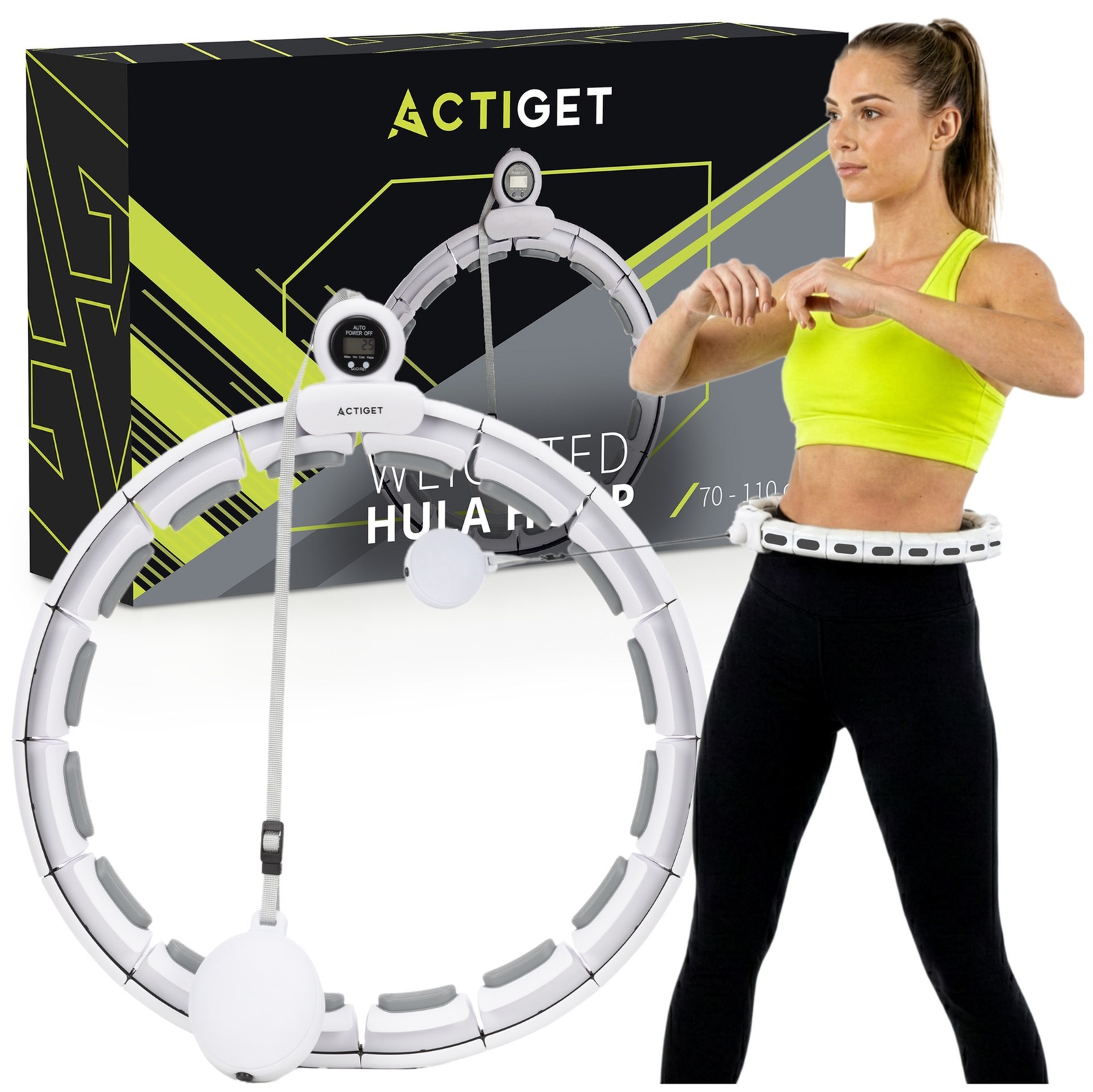Hula hop fitness składane z obciążeniem, licznikiem i wypustkami masującymi, biało-szare