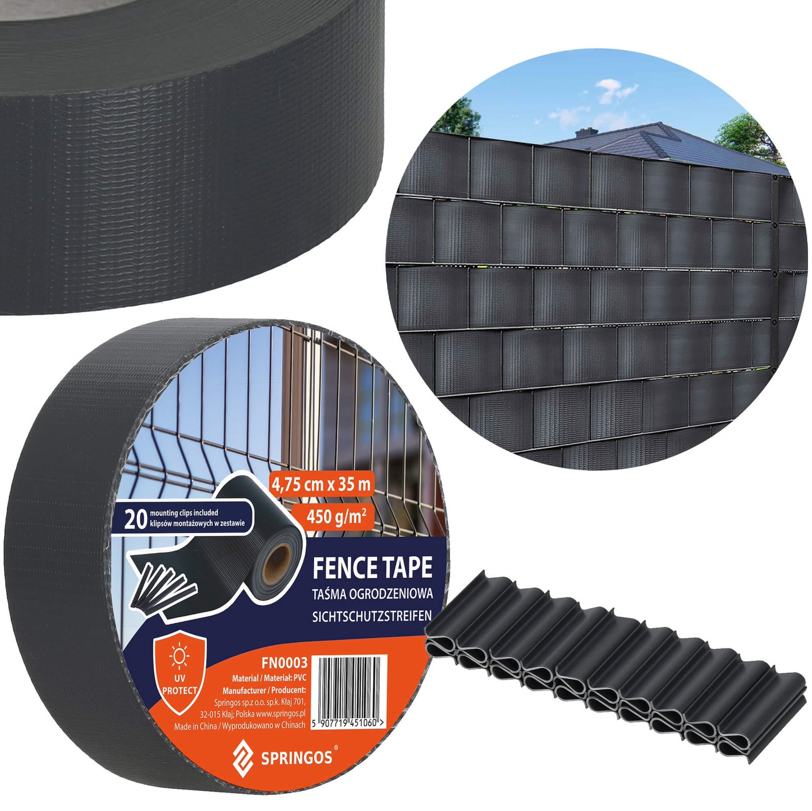 Taśma ogrodzeniowa PVC 35m x 4,75cm 450 g/m2 z klipsami mocującymi 20 szt. antracyt