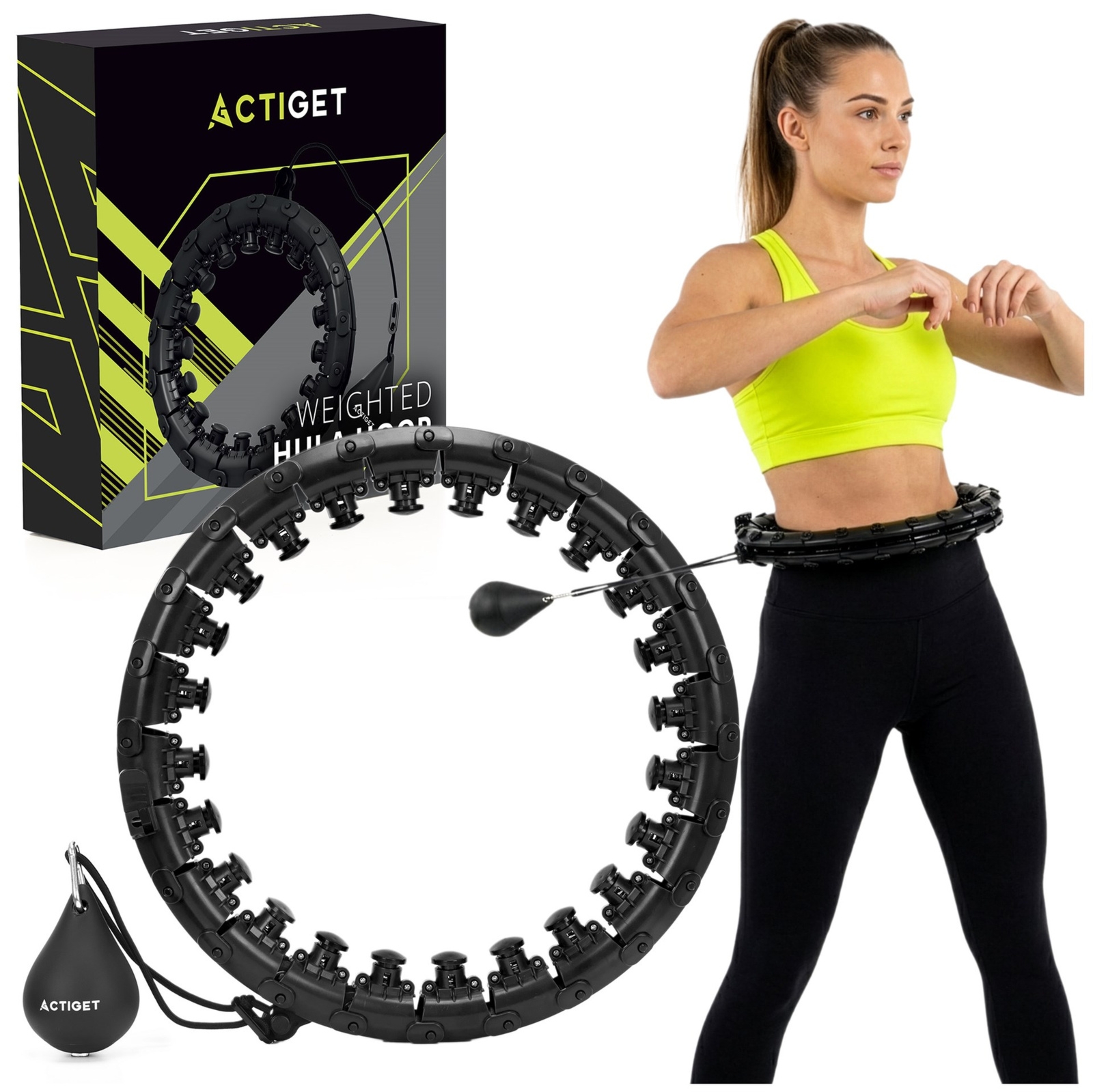 Hula hop cardio, fitness składane z obciążeniem i wypustkami masującymi, czarne