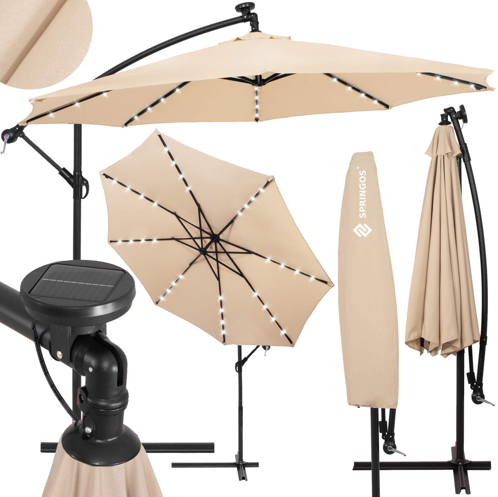 Parasol z oświetleniem LED na taras 300 cm na wysięgniku ogrodowy składany, z korbką ecru