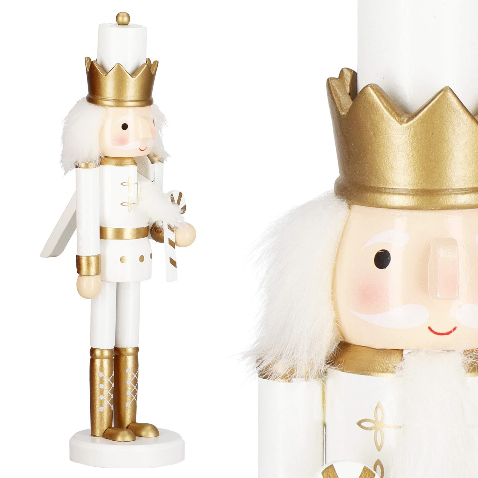 Dziadek do orzechów 30,5 cm z laską drewniany żołnierzyk złoty, figurka świąteczna