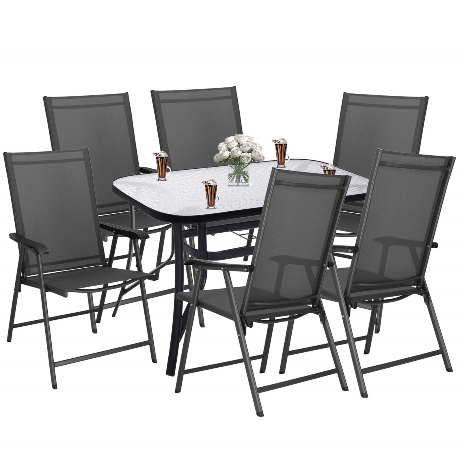 Meble ogrodowe, komplet na balkon dla 6 osób: metalowe 6 krzeseł i stół z szkła hartowanego czarno-szary