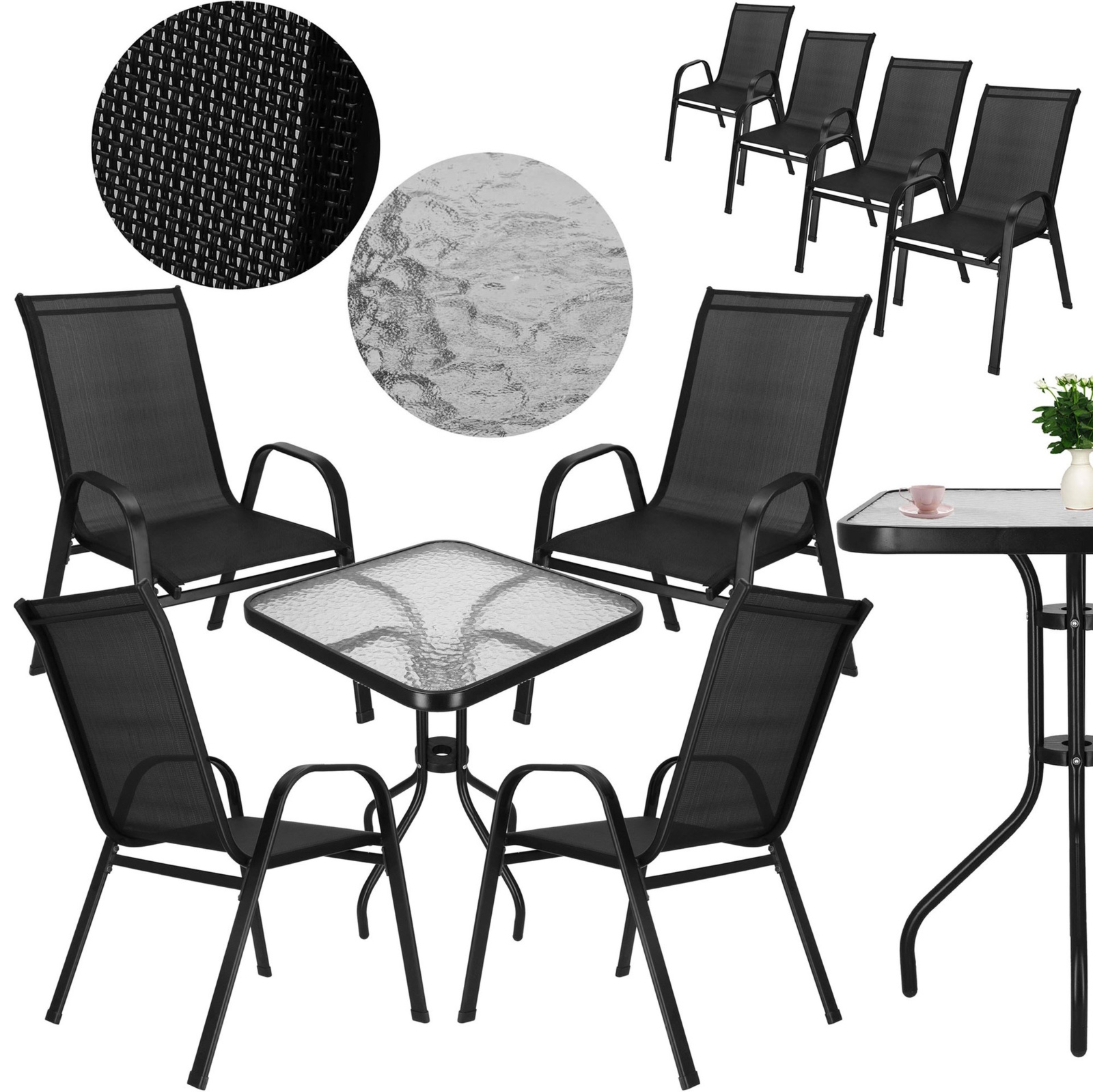 Zestaw mebli ogrodowych 4 krzesła metalowe i stół szkło hartowane na balkon taras czarny