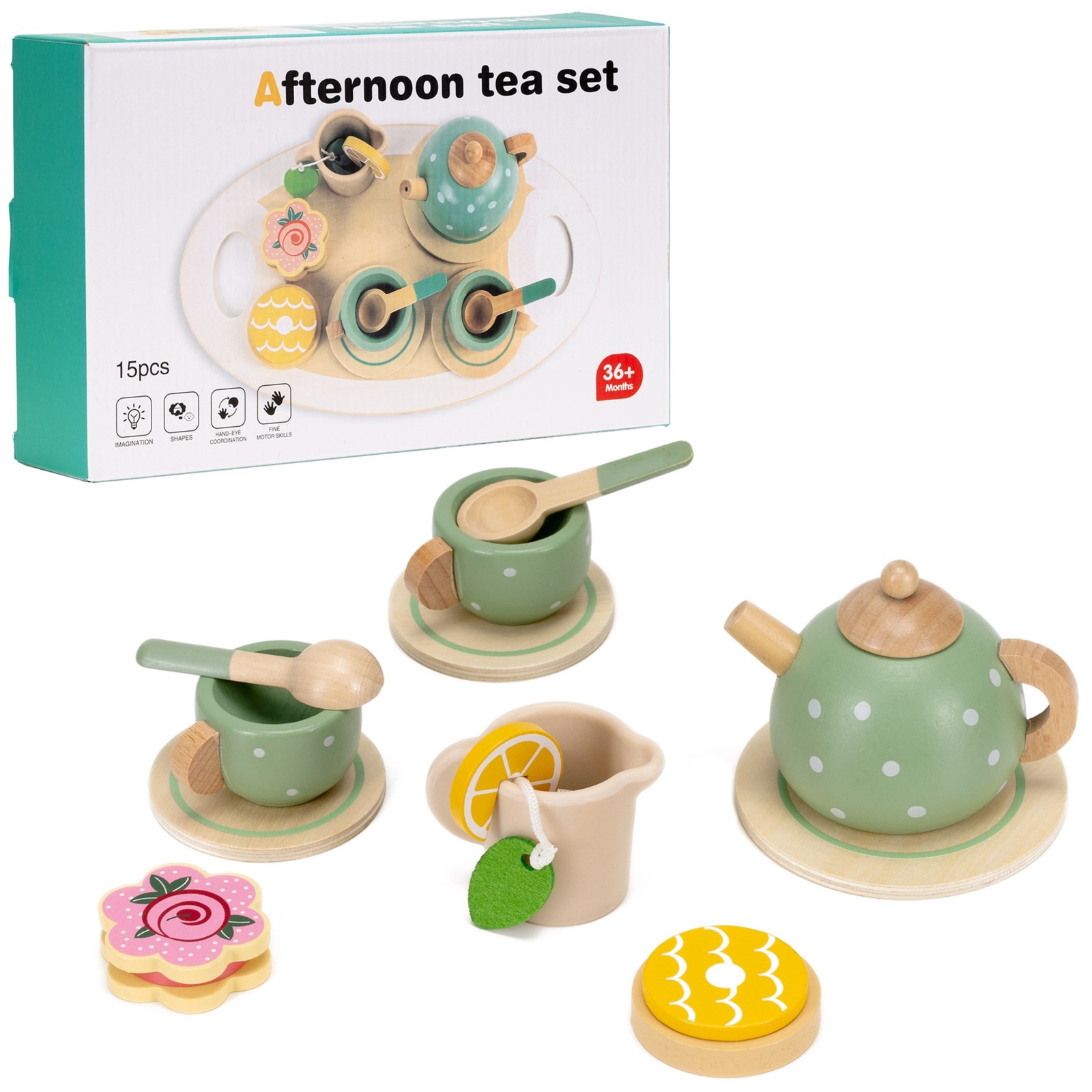 Zabawka drewniana, akcesoria kuchenne dla dzieci 14 el. zestaw do herbaty