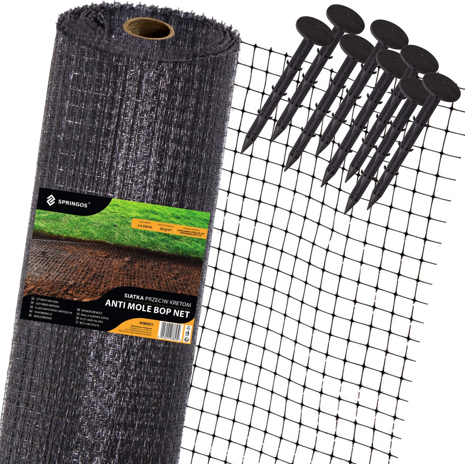 Siatka przeciw kretom nornicom 2 m x 300 m + kołki 300 szt. na gryzonie 30g/m2