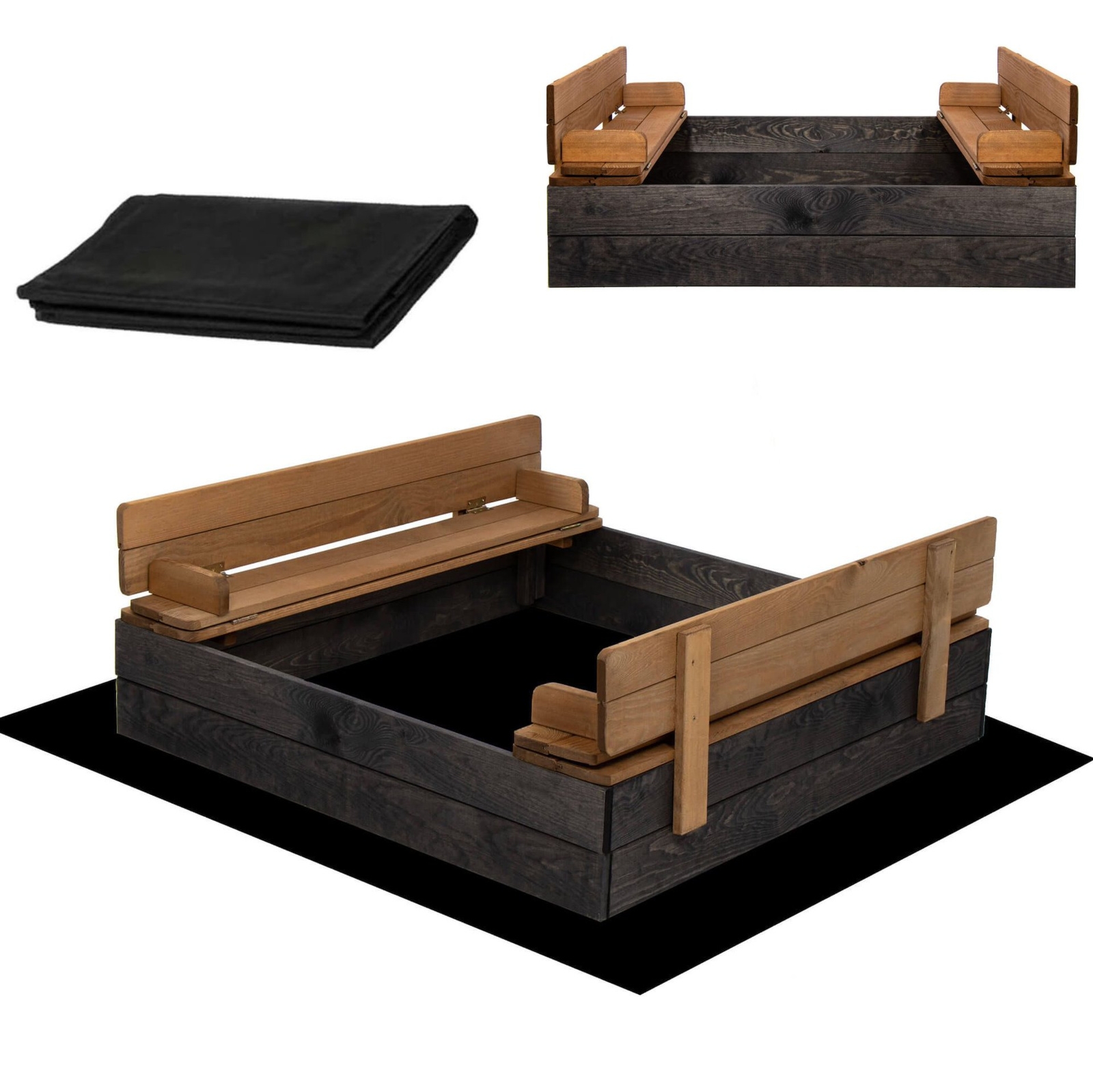 Piaskownica drewniana z zaokrąglonymi krawędziami, zamykana 100x100 cm 2 ławeczki, drewno impregnowane