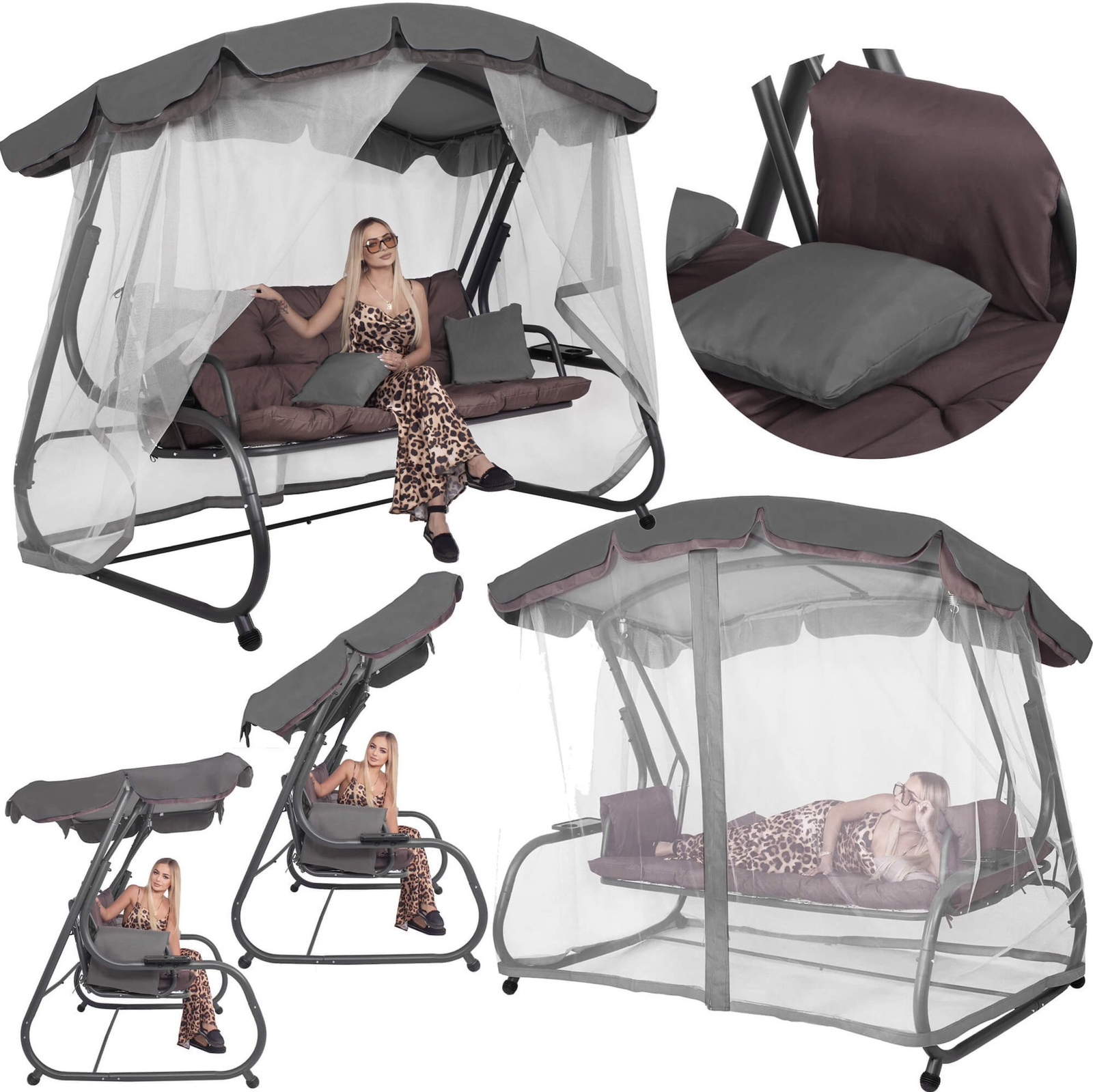 Huśtawka ogrodowa, tarasowa z daszkiem i moskitierą, 3-osobowa z podstawkami na napoje brązowo-szara