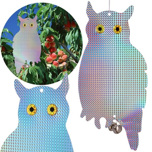 Odstraszacz na ptaki z dzwonkiem, hologram wisząca sowa odblaskowa