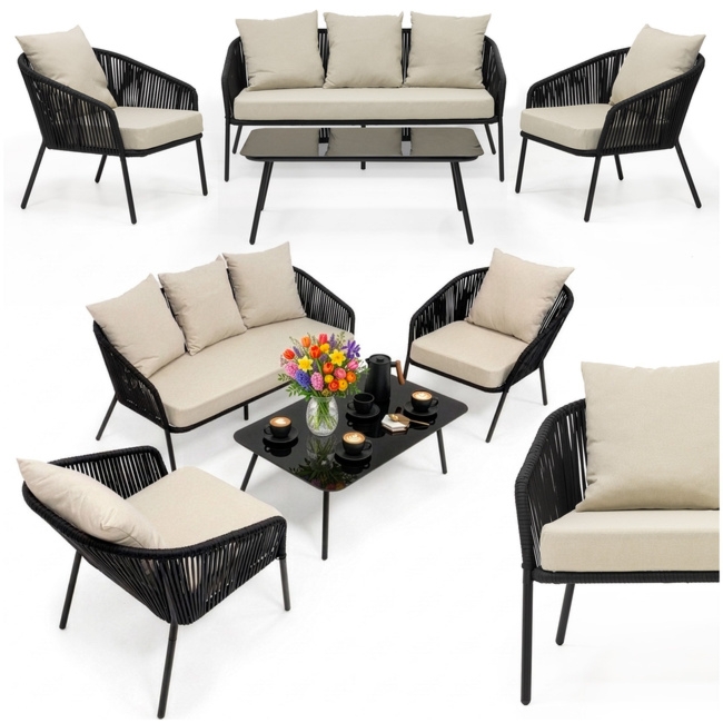 Meble ogrodowe zestaw stolik kawowy, sofa, fotele na taras czarno-beżowy