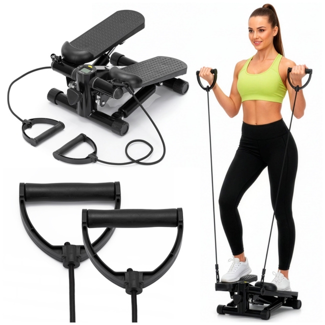 Stepper prosty do ćwiczeń z linkami i licznikiem, trening cardio, fitness czarny