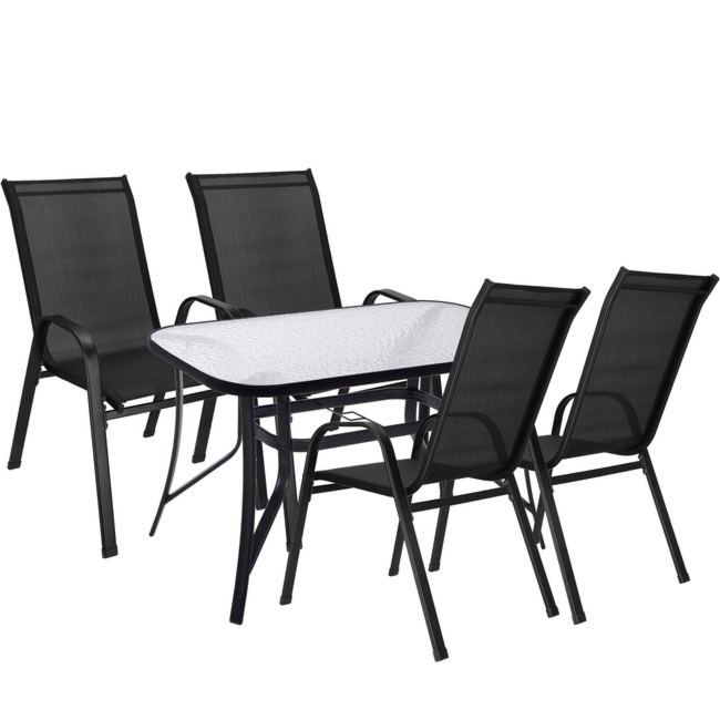 Meble ogrodowe zestaw 4 krzesła, stalowy stół ze szkłem hartowanym na taras czarny