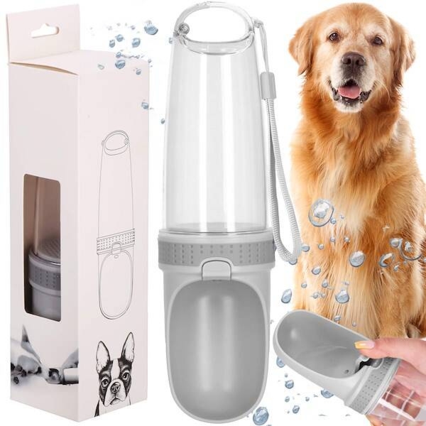 Butelka na wodę dla psa, kota z filtrem i poidełkiem 350 ml szara, przeźroczysta