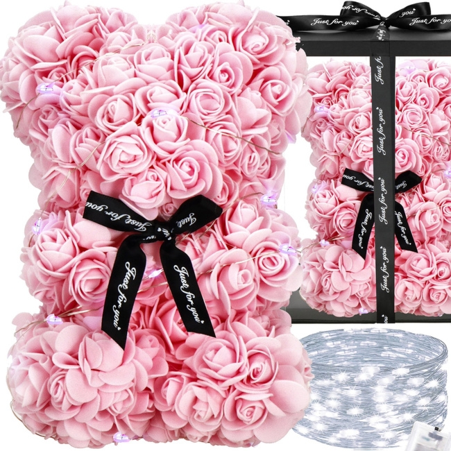 Miś z płatków róż różowy 22 cm rose bear z lampkami LED biały zimny
