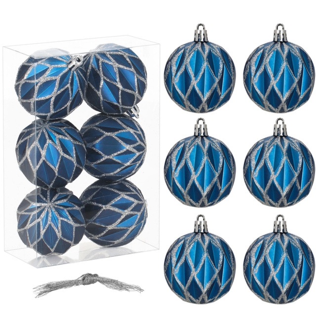 Bombki choinkowe 7 cm 6 szt. zestaw ozdoby świąteczne zdobione matowe, niebiesko-srebrne