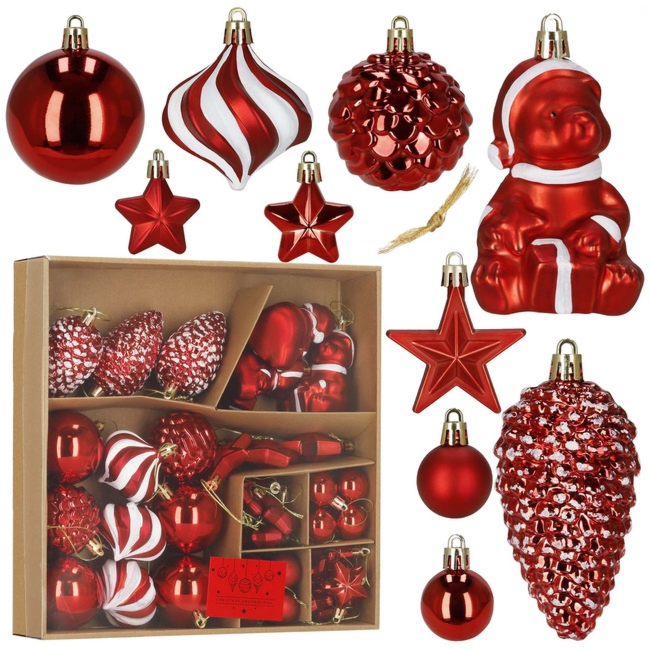 Bombki choinkowe 47 szt. zestaw dekoracji świątecznych, nietłukące, czerwony, złoty, biały