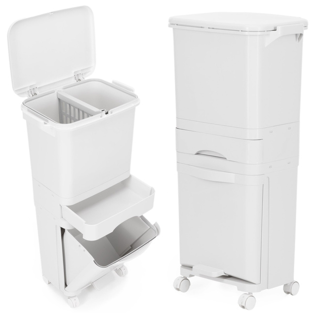 Kosz na śmieci, trzykomorowy 42 l do segregacji odpadów, na kółkach, biały