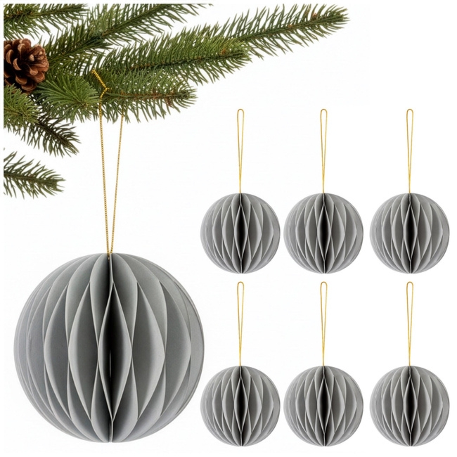 Papierowe bombki 6 szt. zawieszki choinkowe, ozdoby świąteczne 8 cm rozkładane, szary