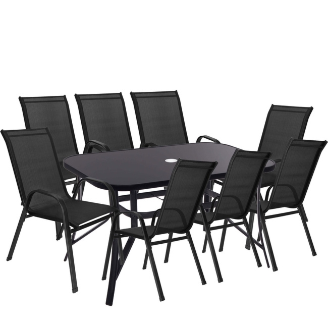 Meble ogrodowe metalowe zestaw dla 8 osób stół 150 cm szkło hartowane i 8 krzeseł czarne